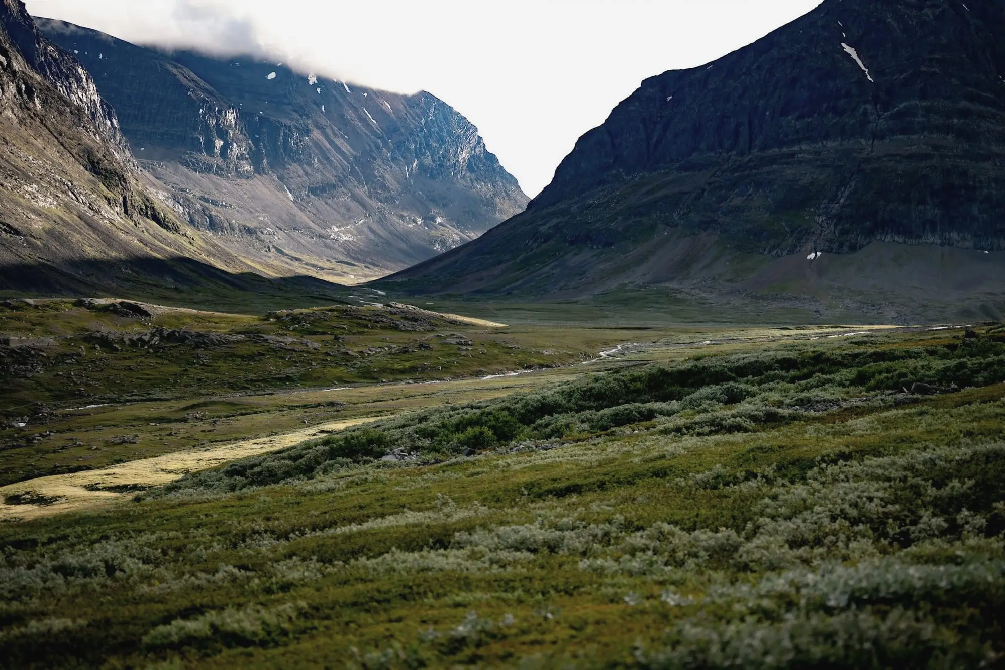 En vid fjälldalgång mellan branta sluttningar, med kalfjäll i bakgrunden.